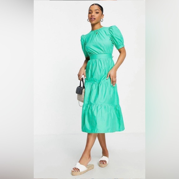 Influence Open Back Tiered Midi Dress Green Puff Sleeve Plus Sz 22 Cruise Vacay - Picture 3 of 14